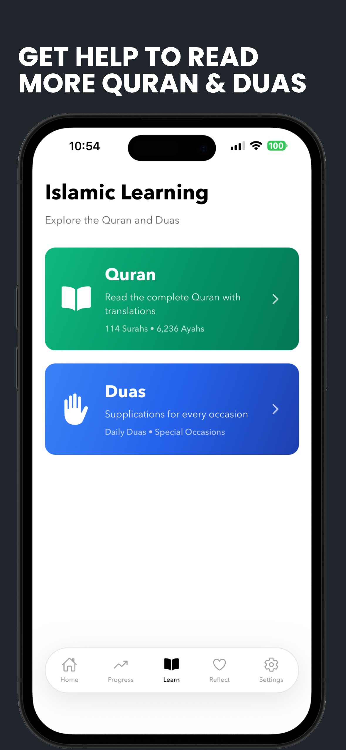 Deen Taqwa Islamic Learning screen — Quran and Duas in one clean view