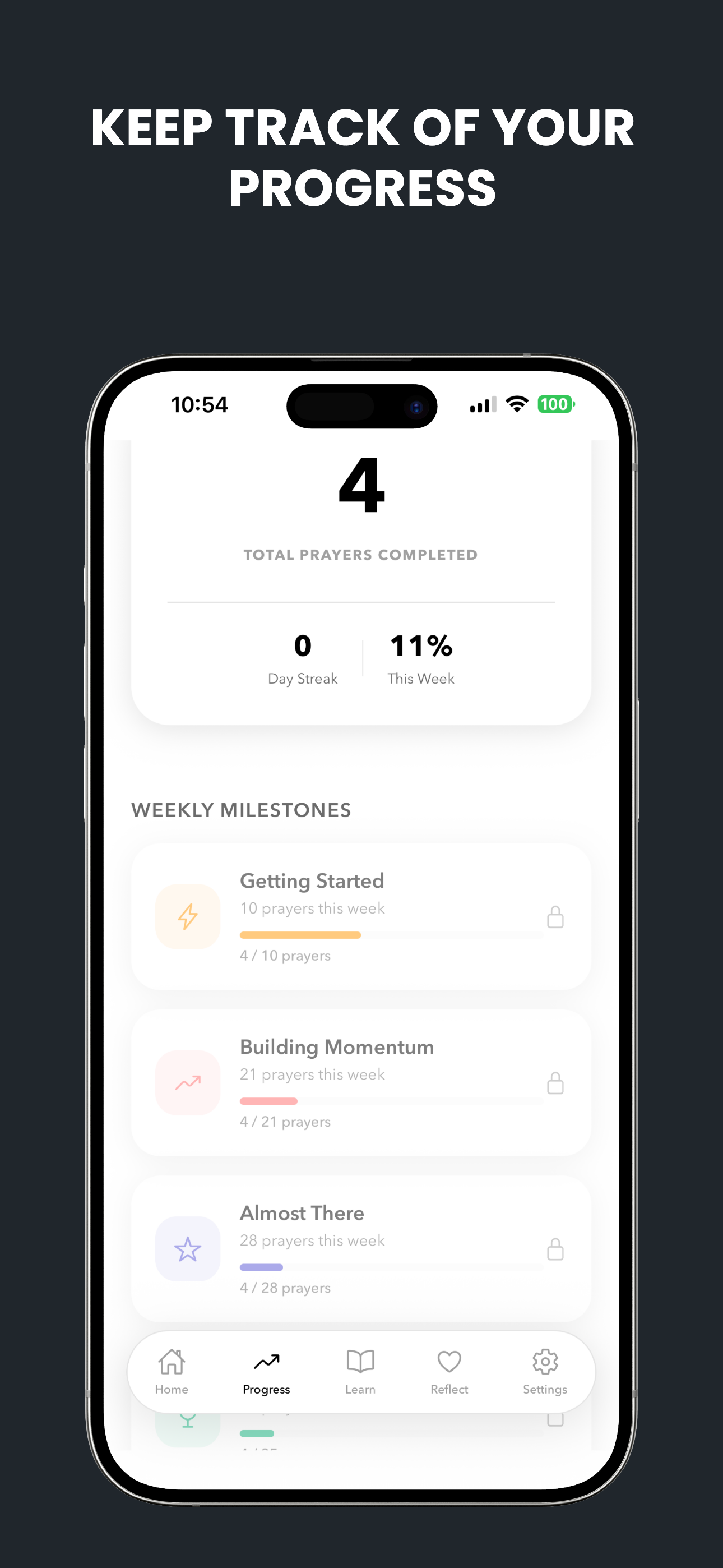 Deen Taqwa progress screen — total prayers completed, day streak, and weekly milestones