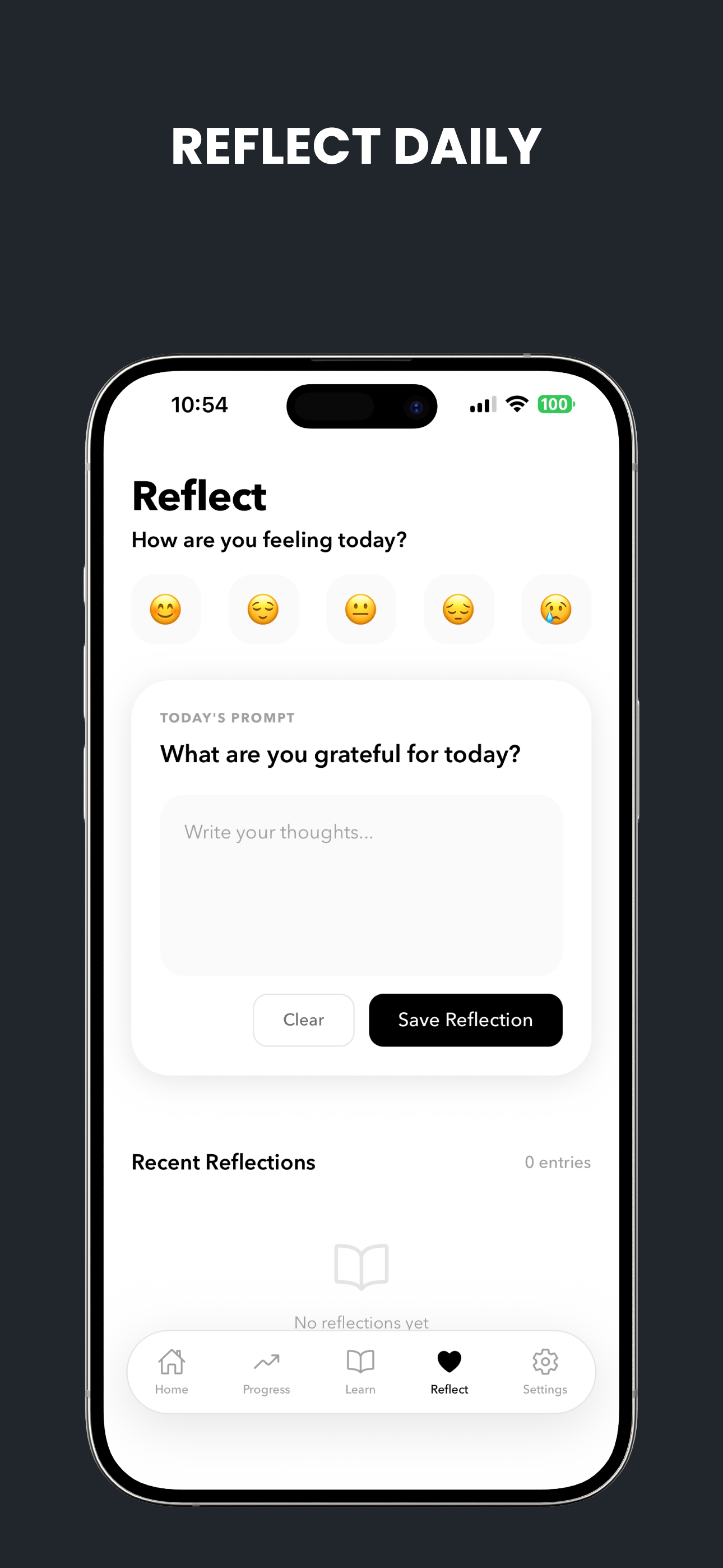 Deen Taqwa Reflect screen — mood check-in and a daily gratitude prompt